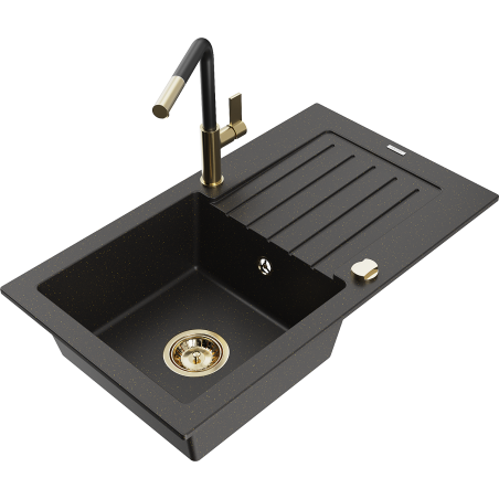 Mexen Pablo 1-compartment granite sink with a drip tray and kitchen mixer tap Flora, Black/Gold metallic - 6510-75-670401-57-G