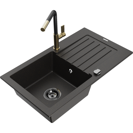 Mexen Pablo 1-compartment granite sink with a drip tray and kitchen mixer tap Flora, Black/Gold metallic - 6510-75-670401-57-B