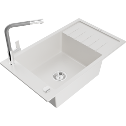 Mexen Elias 1-compartment granite sink with a drip tray and kitchen mixer tap Flora, White - 6511-20-670401-06