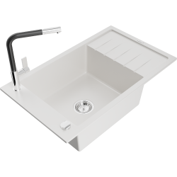 Mexen Elias 1-compartment granite sink with a drip tray and kitchen mixer tap Flora, White - 6511-20-670401-07