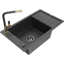 Mexen Elias 1-compartment granite sink with a drip tray and kitchen mixer tap Flora, spotted black - 6511-76-670401-57-B