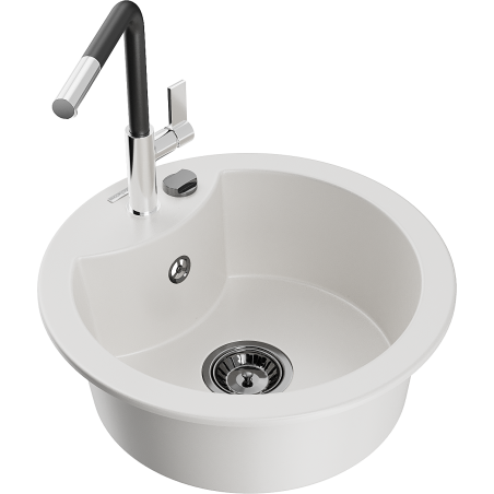 Mexen Diego 1-compartment granite sink with a kitchen mixer tap Flora, White - 6512-20-670401-07-B