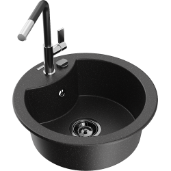 Mexen Diego 1-compartment granite sink with a kitchen mixer tap Flora, Black/Silver metallic - 6512-73-670401-07-B