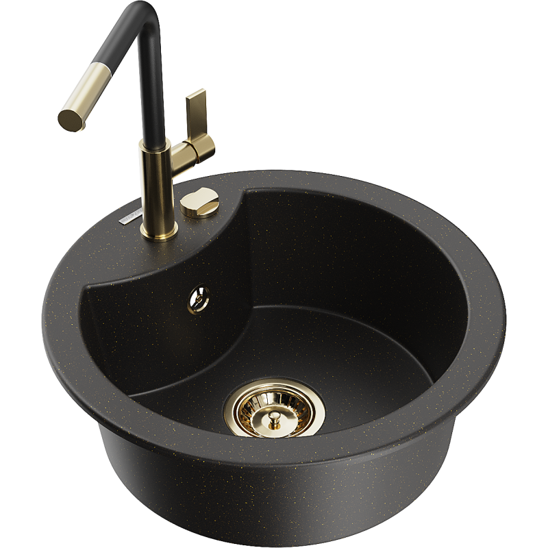 Mexen Diego 1-compartment granite sink with a kitchen mixer tap Flora, Black/Gold metallic - 6512-75-670401-57-G