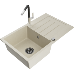 Mexen Bruno 1-compartment granite sink with a drip tray and kitchen mixer tap Flora, Beige - 6513-69-670401-07-B