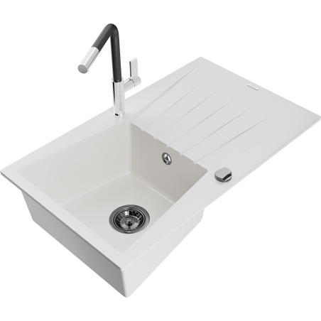 Mexen Cesar 1-compartment granite sink with a drip tray and kitchen mixer tap Flora, White - 6514-20-670401-07-B