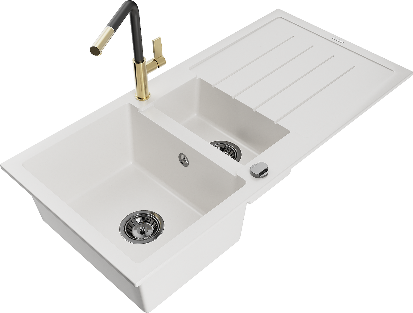Mexen Andres 1.5-compartment granite sink with a drip tray and kitchen mixer tap Flora, White - 6515-20-670401-57-B