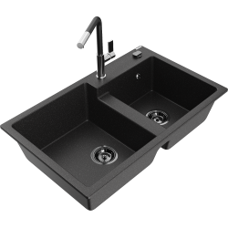 Mexen Tomas 2-compartment granite sink with a kitchen mixer tap Flora, Black/Silver metallic - 6516-73-670401-07-B