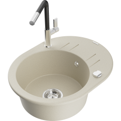 Mexen Kevin 1-compartment granite sink with a drip tray and kitchen mixer tap Flora, Beige - 6517-69-670401-07