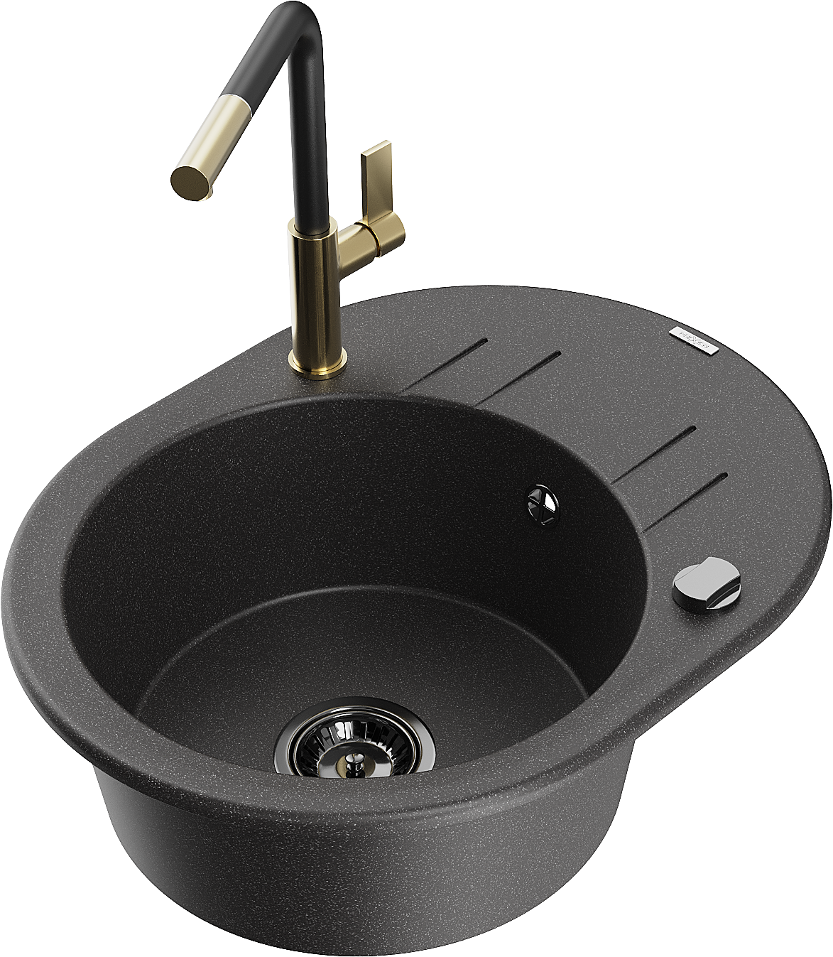 Mexen Kevin 1-compartment granite sink with a drip tray and kitchen mixer tap Flora, spotted black - 6517-76-670401-57-B
