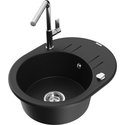 Mexen Kevin 1-compartment granite sink with a drip tray and kitchen mixer tap Flora, Black - 6517-77-670401-00