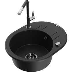 Mexen Kevin 1-compartment granite sink with a drip tray and kitchen mixer tap Flora, Black - 6517-77-670401-07-B