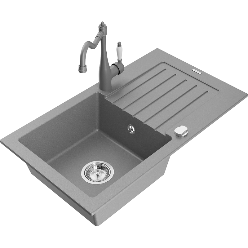 Mexen Pablo 1-compartment granite sink with a drip tray and kitchen mixer tap Carla, Grey - 6510-71-670700-71