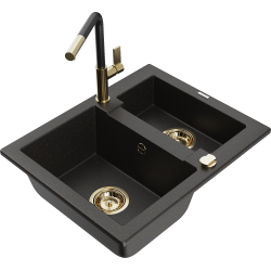 Mexen Carlos 1,5-compartment granite sink with a kitchen mixer tap Flora, Black/Gold metallic - 6518-75-670401-57-G