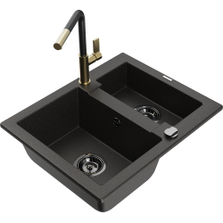 Mexen Carlos 1,5-compartment granite sink with a kitchen mixer tap Flora, Black/Gold metallic - 6518-75-670401-57-B