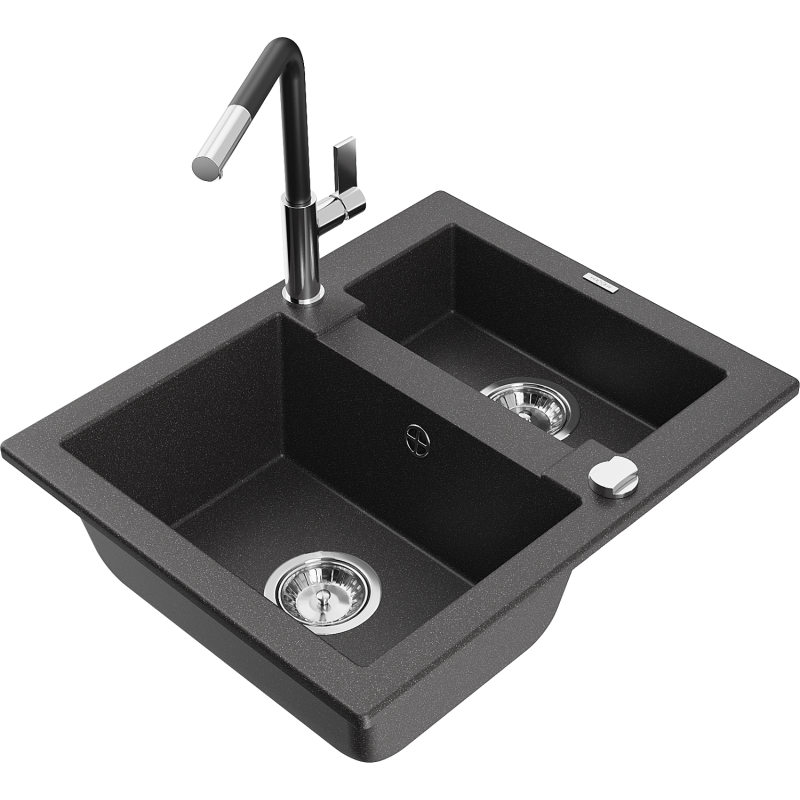 Mexen Carlos 1,5-compartment granite sink with a kitchen mixer tap Flora, spotted black - 6518-76-670401-07