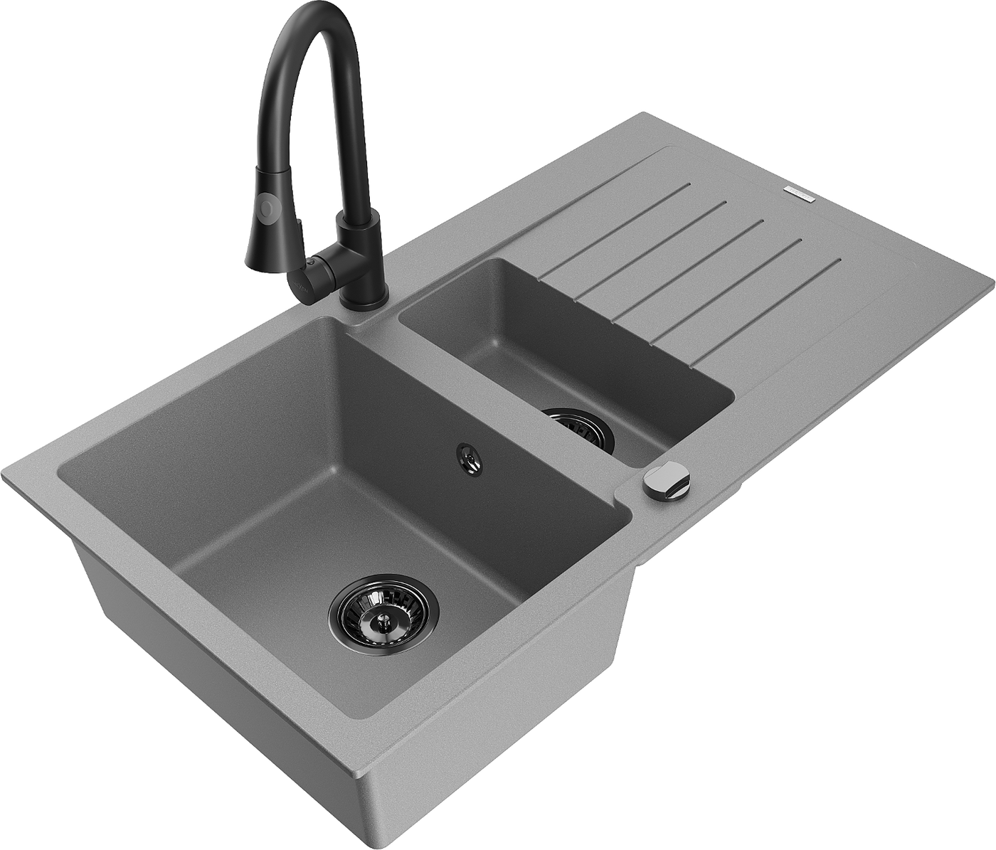 Mexen Matias 1.5-compartment granite sink with a drip tray and kitchen mixer tap Elia, Grey - 6502-71-670101-70-B
