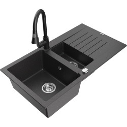 Mexen Matias 1.5-compartment granite sink with a drip tray and kitchen mixer tap Elia, spotted black - 6502-76-670101-70