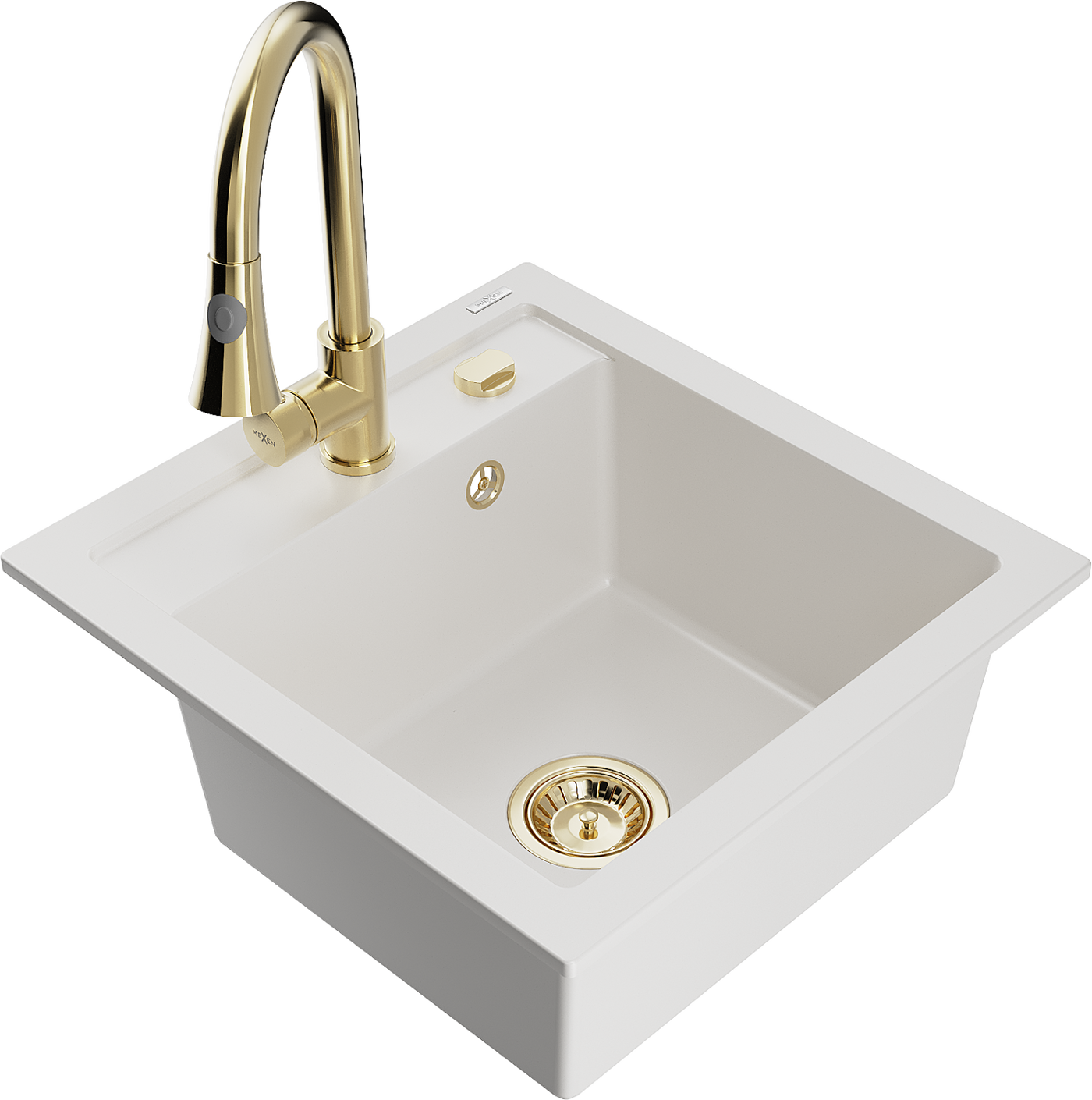 Mexen Vito 1-compartment granite sink with a kitchen mixer tap Elia, White - 6503-20-670101-50
