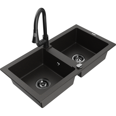 Mexen Mario 2-compartment granite sink with a kitchen mixer tap Elia, Black/Gold metallic - 6504-75-670101-70-B