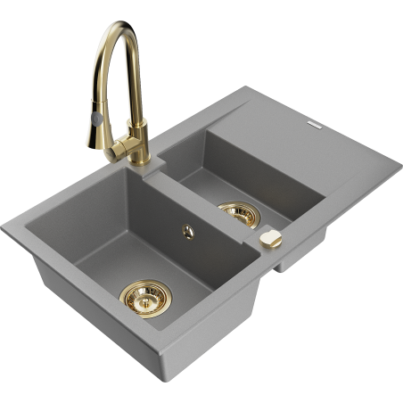 Mexen Gaspar 1.5-compartment granite sink with a drip tray and kitchen mixer tap Elia, Grey - 6507-71-670101-50