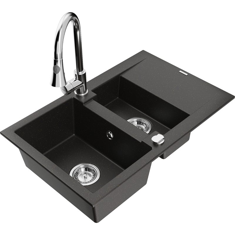 Mexen Gaspar 1.5-compartment granite sink with a drip tray and kitchen mixer tap Elia, Black/Gold metallic - 6507-75-670101-00