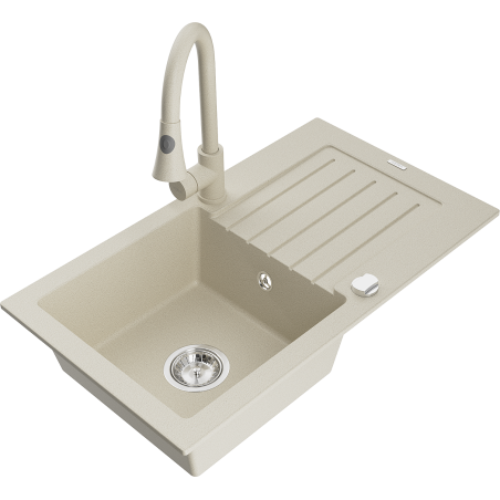 Mexen Pablo 1-compartment granite sink with a drip tray and kitchen mixer tap Elia, Beige - 6510-69-670101-69
