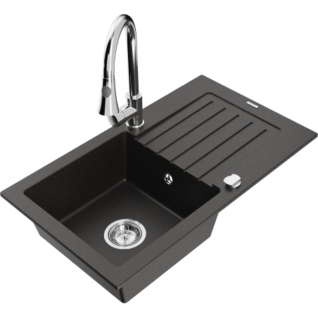 Mexen Pablo 1-compartment granite sink with a drip tray and kitchen mixer tap Elia, Black/Gold metallic - 6510-75-670101-00