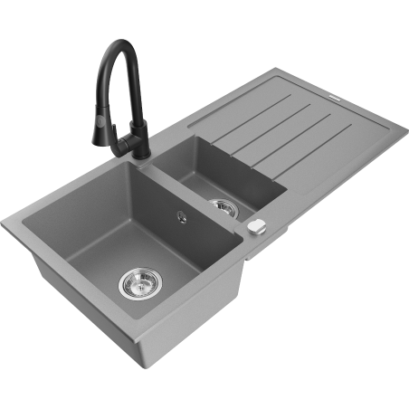 Mexen Andres 1.5-compartment granite sink with a drip tray and kitchen mixer tap Elia, Grey - 6515-71-670101-70