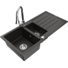 Mexen Andres 1.5-compartment granite sink with a drip tray and kitchen mixer tap Elia, Black/Gold metallic - 6515-75-670101-00