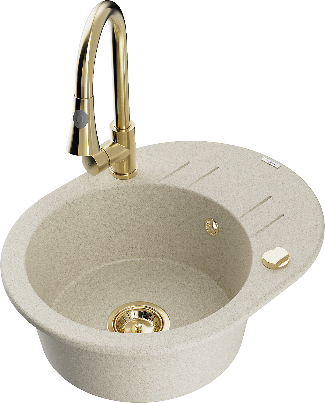 Mexen Kevin 1-compartment granite sink with a drip tray and kitchen mixer tap Elia, Beige - 6517-69-670101-50