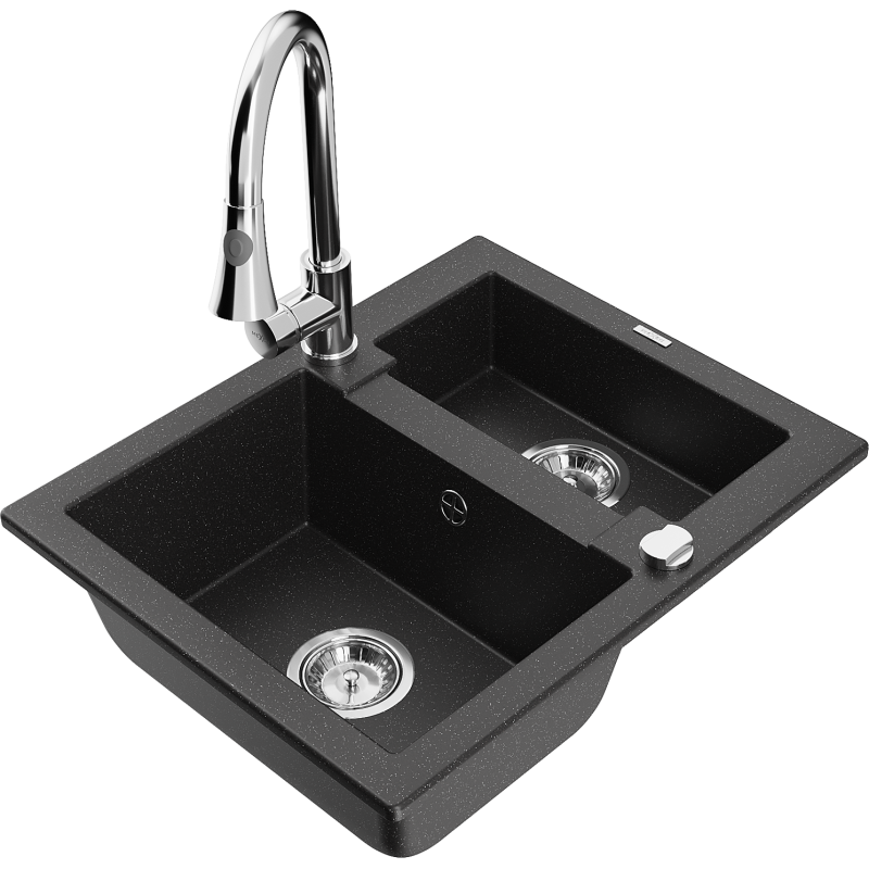 Mexen Carlos 1,5-compartment granite sink with a kitchen mixer tap Elia, Black/Silver metallic - 6518-73-670101-00
