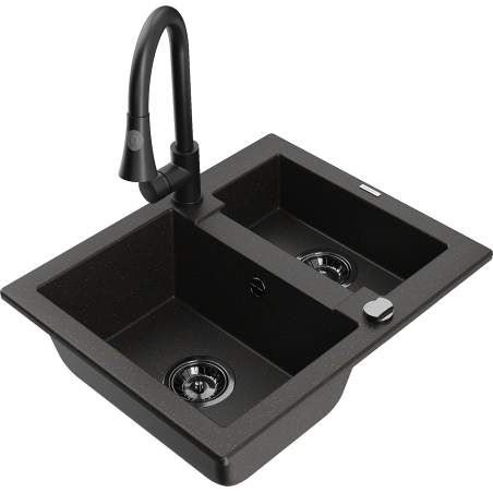 Mexen Carlos 1,5-compartment granite sink with a kitchen mixer tap Elia, Black/Gold metallic - 6518-75-670101-70-B