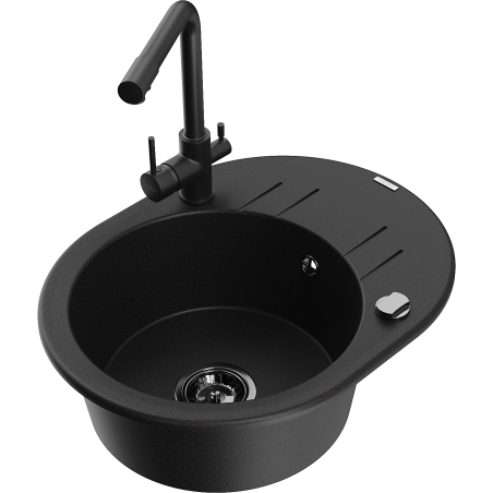 Mexen Kevin 1-compartment granite sink with a drip tray and kitchen mixer tap Duero, Black - 6517-77-671600-70-B