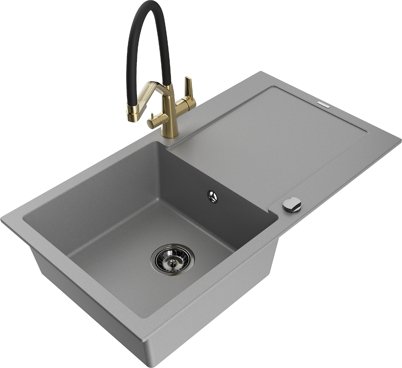 Mexen Leo 1-compartment granite sink with a drip tray and kitchen mixer tap Duo, Grey - 6501-71-671701-57-B