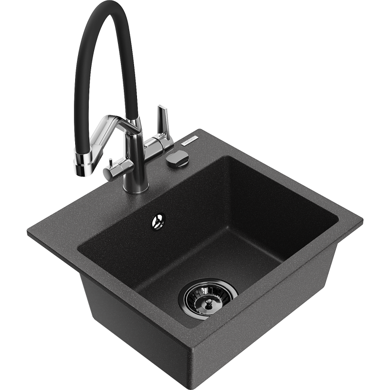 Mexen Milo 1-compartment granite sink with a kitchen mixer tap Duo, Spotted black - 6505-76-671701-07-B