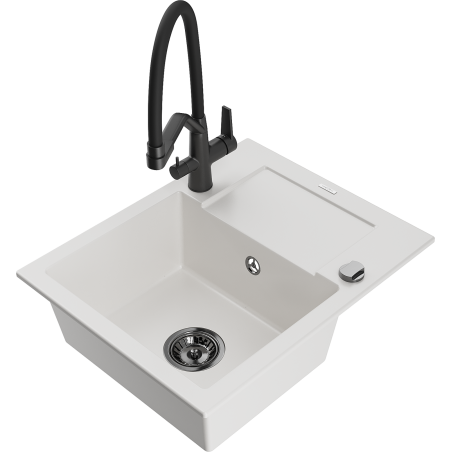 Mexen Enzo 1-compartment granite sink with a drip tray and kitchen mixer tap Duo, white - 6506-20-671701-70-B