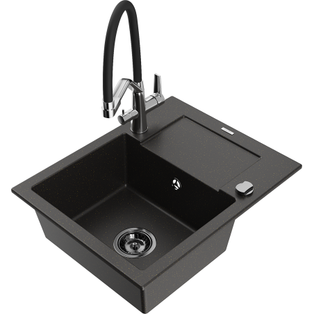 Mexen Enzo 1-compartment granite sink with a drip tray and kitchen mixer tap Duo, Black/ gold metallic - 6506-75-671701-07-B