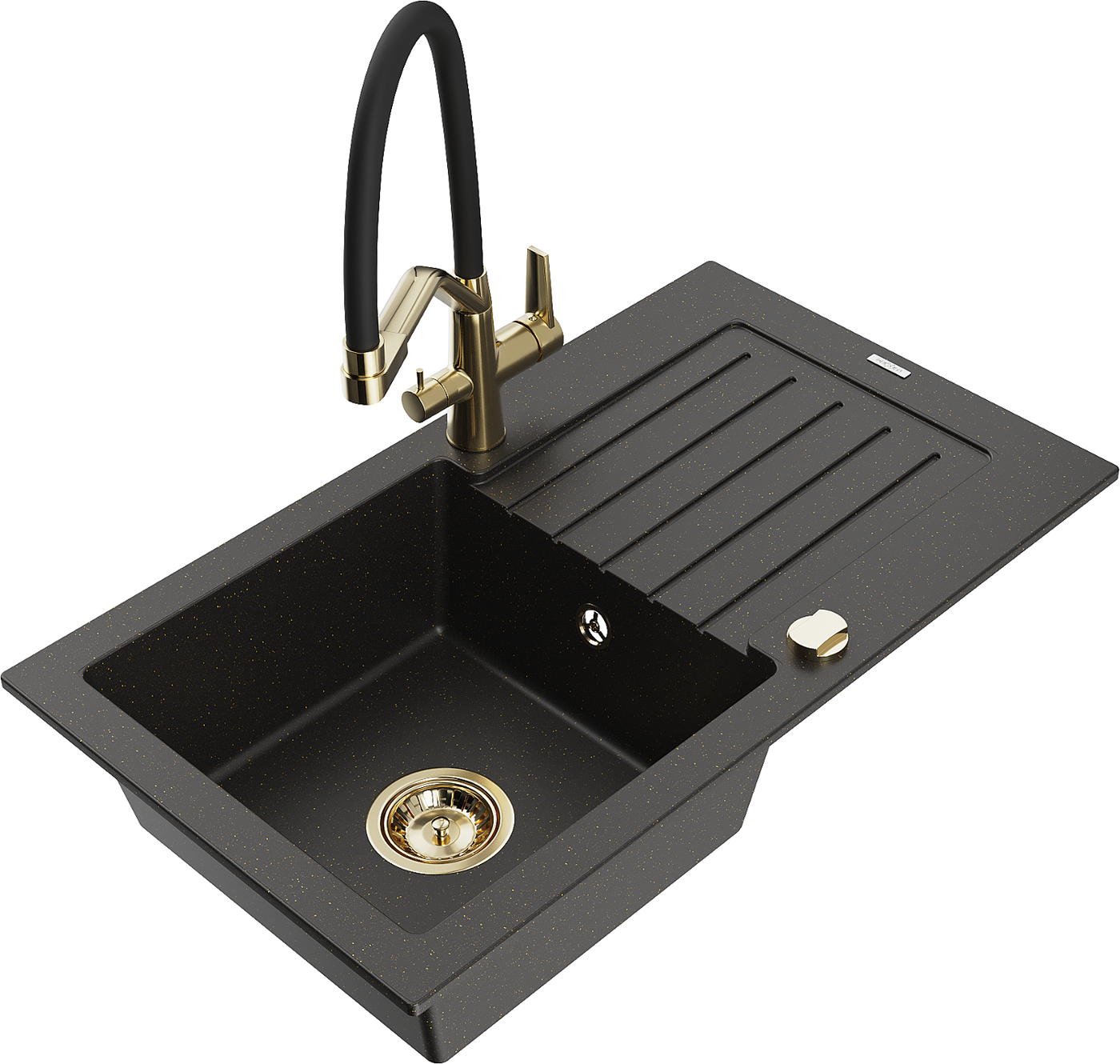 Mexen Pablo 1-compartment granite sink with a drip tray and kitchen mixer tap Duo, Black/ gold metallic - 6510-75-671701-57-G