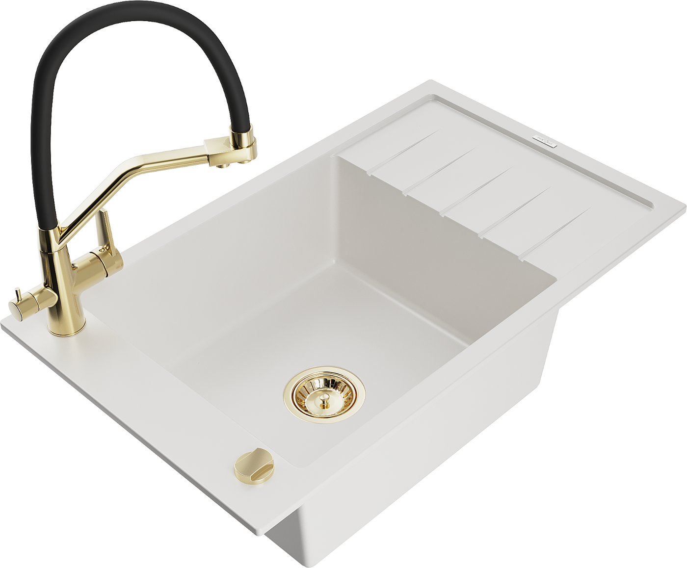 Mexen Elias 1-compartment granite sink with a drip tray and kitchen mixer tap Duo, white - 6511-20-671701-57-G