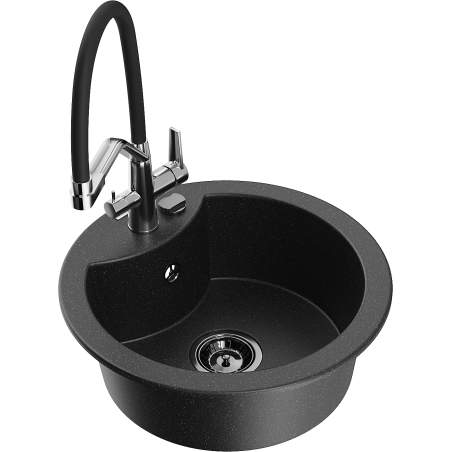 Mexen Diego 1-compartment granite sink with a kitchen mixer tap Duo, Black/ silver metallic - 6512-73-671701-07-B