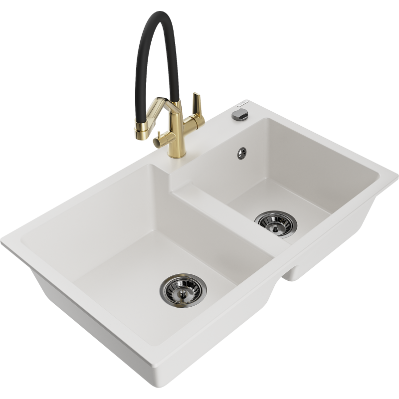 Mexen Tomas 2-compartment granite sink with a kitchen mixer tap Duo, white - 6516-20-671701-57-B