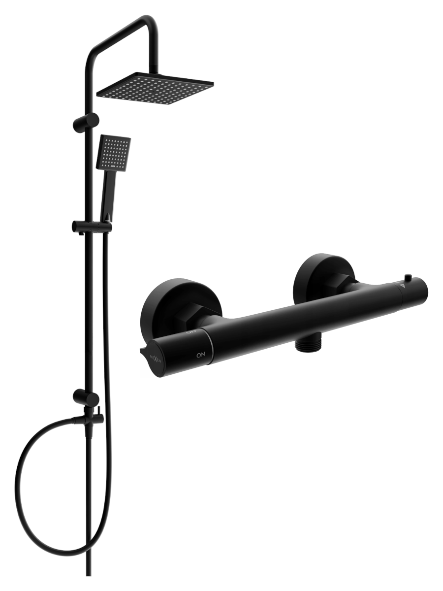 Mexen Tord surface-mounted shower set with a rainmaker and Slim thermostatic mixer tap, Black - 77105200-70
