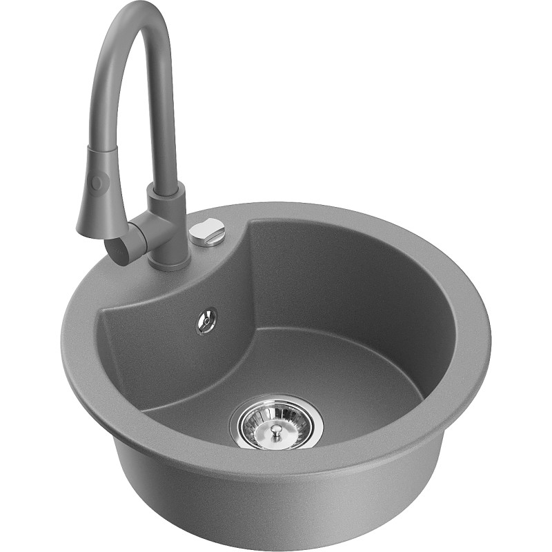 Mexen Diego 1-compartment granite sink with a kitchen mixer tap Elia, Grey - 6512-71-670101-71
