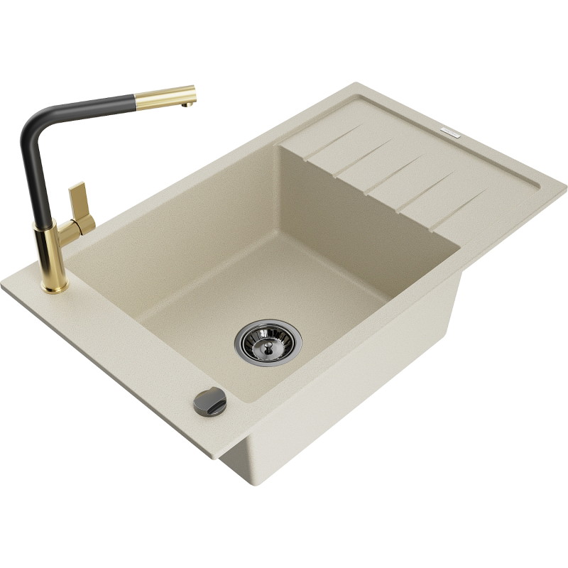 Mexen Elias 1-compartment granite sink with a drip tray and kitchen mixer tap Flora, Beige - 6511-69-670401-57-B