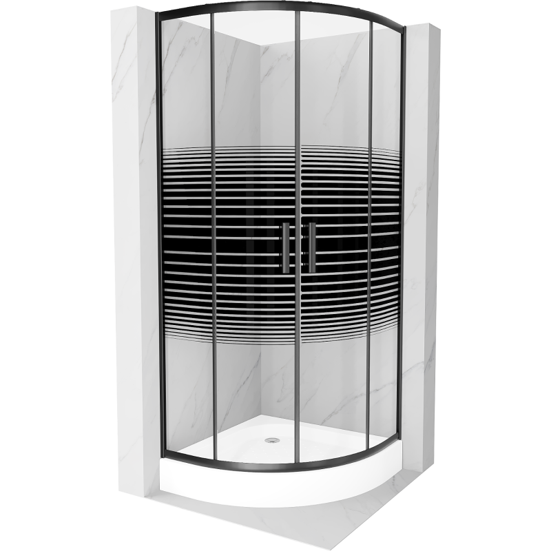 Mexen Rio Shower Cabin Half-Round 70 x 70 cm, Stripes, Black + Rio Shower Tray, White - 863-070-070-70-20-4710