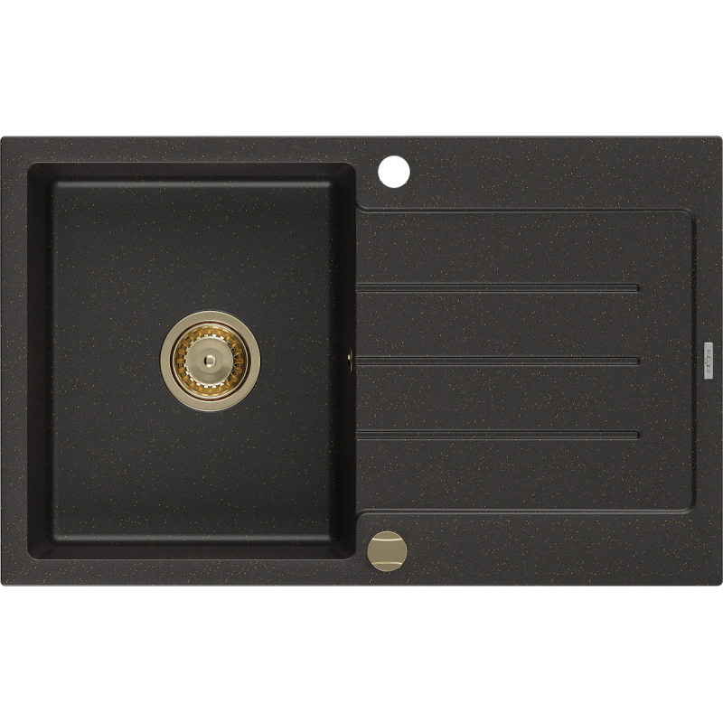 Mexen Bruno 1-compartment granite sink with a drip tray 795 x 495 mm, Black/Gold metallic, siphon Gold - 6513791010-75-G