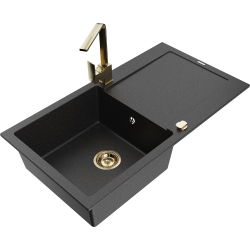 Mexen Leo 1-compartment granite sink with a drip tray and kitchen mixer tap Rita, Black/Silver metallic - 6501-73-670300-50