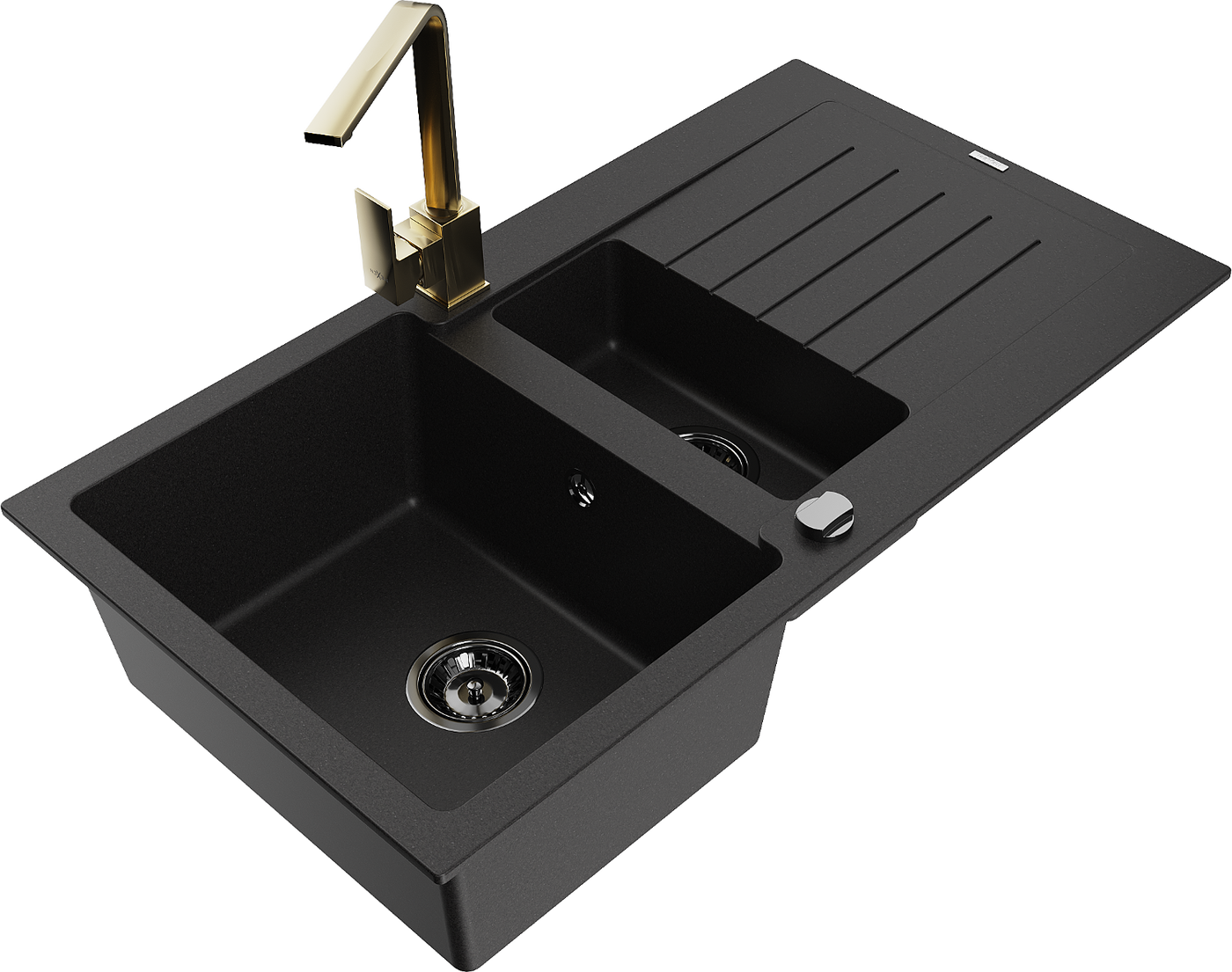 Mexen Matias 1.5-compartment granite sink with a drip tray and kitchen mixer tap Rita, Black - 6502-77-670300-50-B