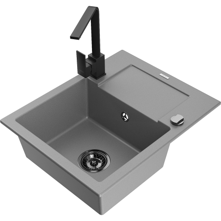 Mexen Enzo 1-compartment granite sink with a drip tray and kitchen mixer tap Rita, Grey - 6506-71-670300-70-B
